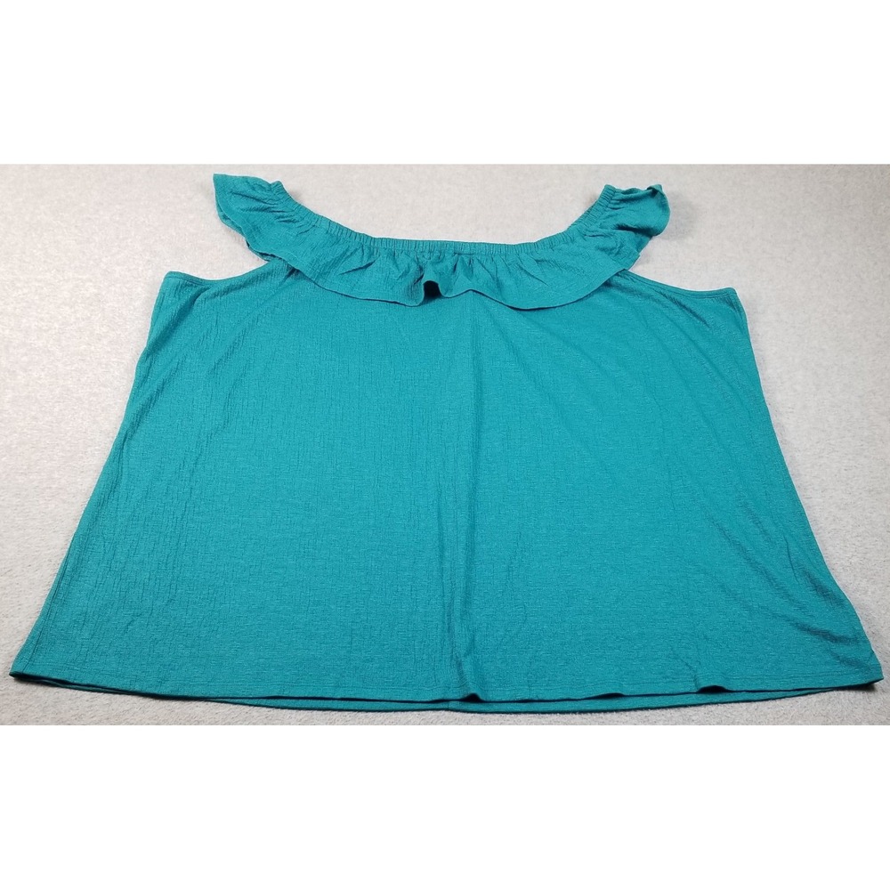 Lane Bryant Top Women's 34 36 Teal Blue Textured Off Shoulder Blouse Ruffle Knit
